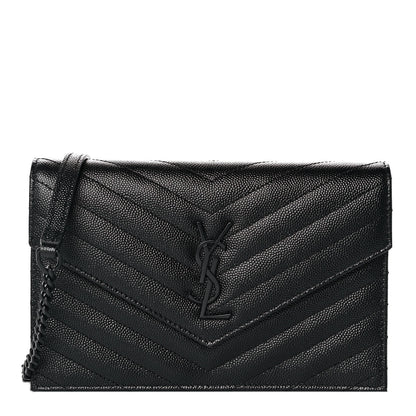 Saint Laurent Grain De Poudre Matelasse Chevron Monogram Monochrome Envelope Chain Wallet Black 1 of 9