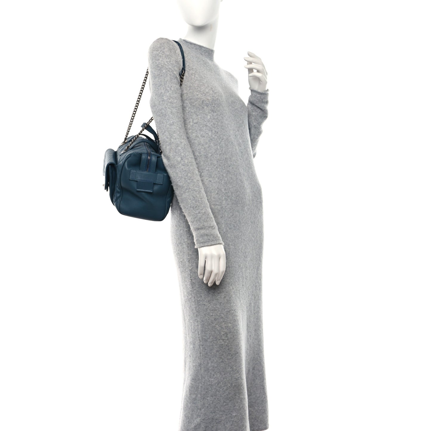 Grained Calfskin Quilted Large Casual Pocket Bowling Bag Blue