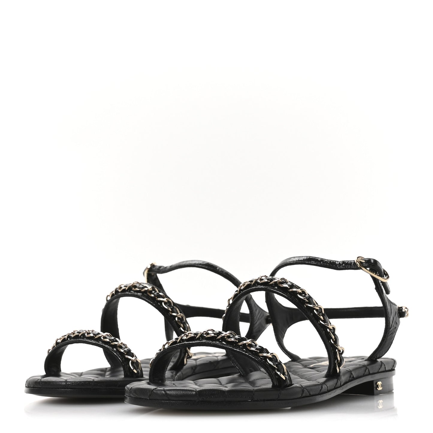 Crumpled Calfskin Chain Sandals 36 Black
