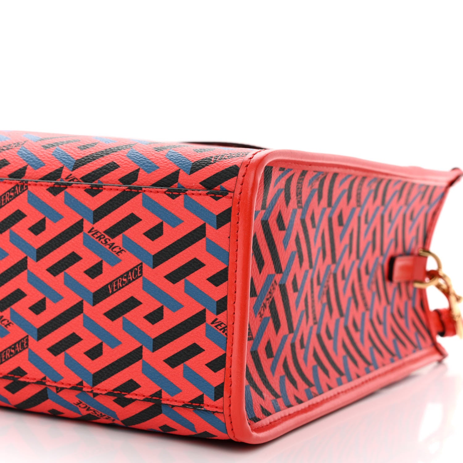 Versace Coated Canvas Calfskin La Greca Signature Tote Bag Blue Red 9 of 9
