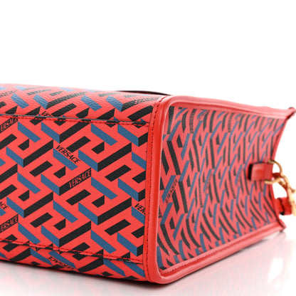 Versace Coated Canvas Calfskin La Greca Signature Tote Bag Blue Red 9 of 9