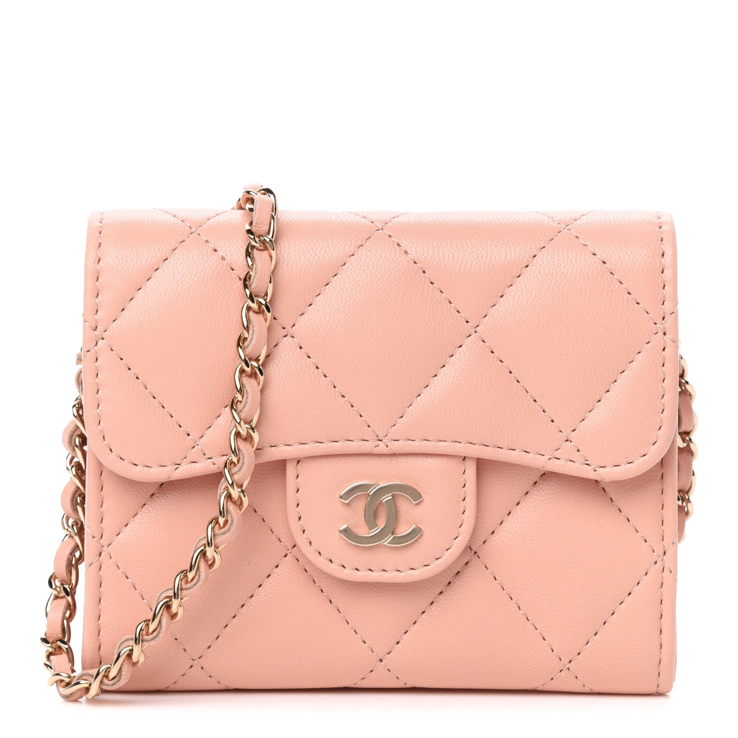 Chanel Lambskin Quilted Flap Card Holder On Chain Light Pink 1 of 12