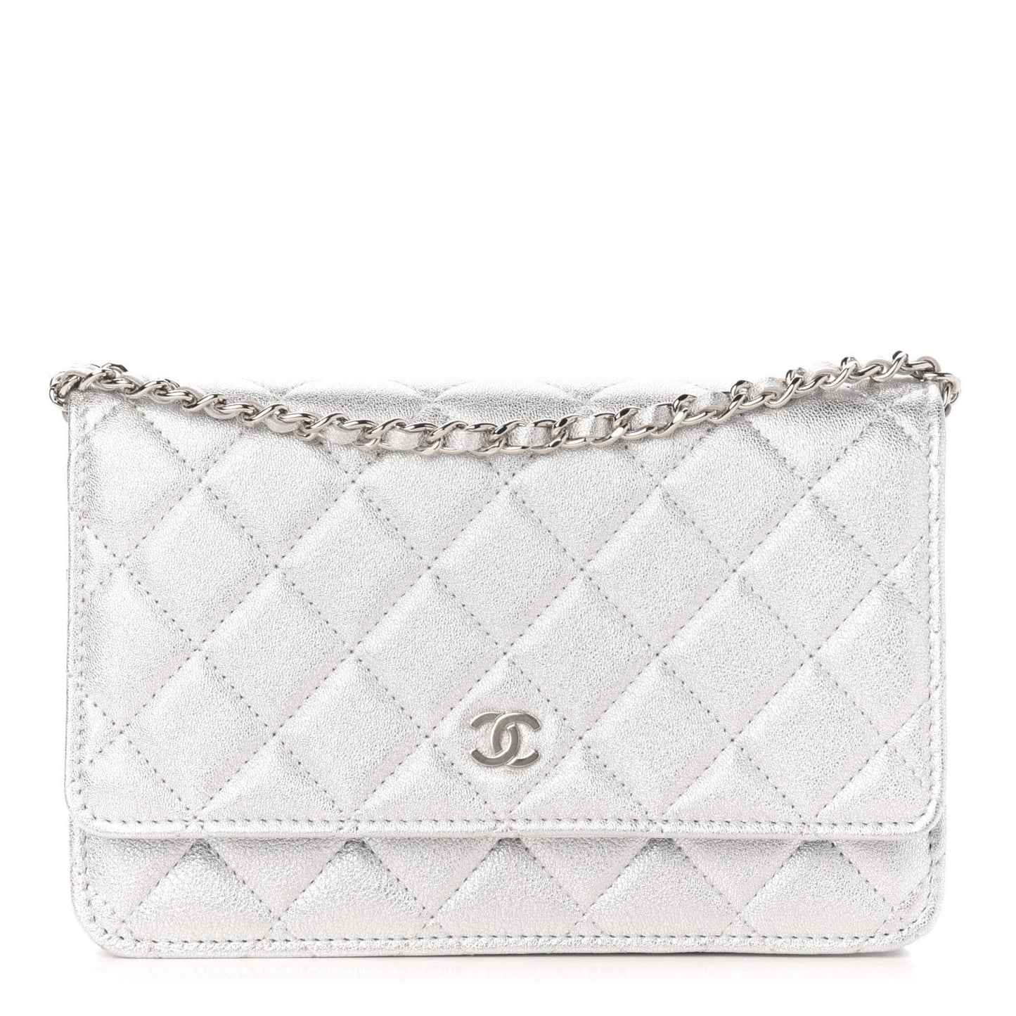 Metallic Lambskin Quilted Wallet On Chain WOC Silver