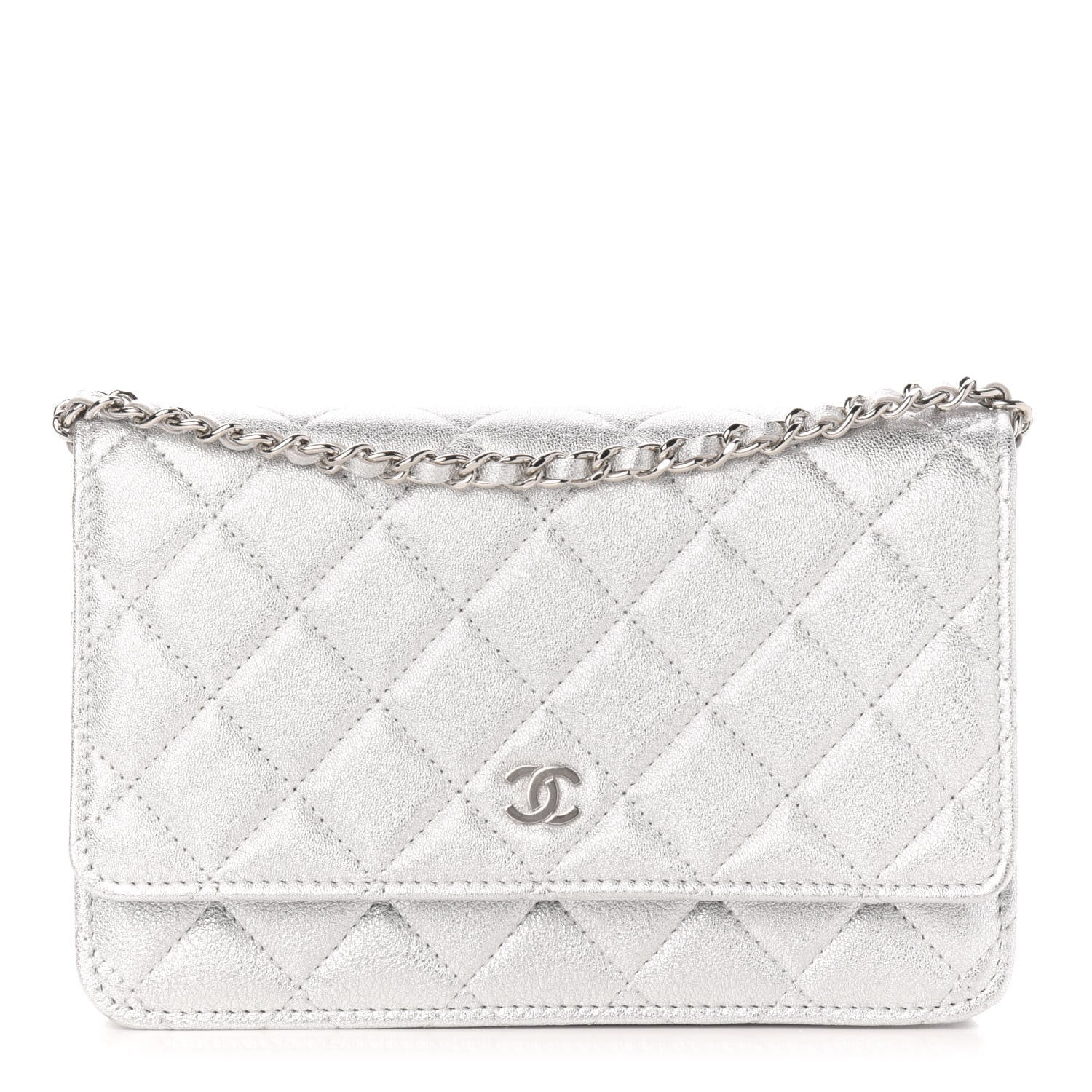 Chanel Metallic Lambskin Quilted Wallet On Chain WOC Silver 1 of 11