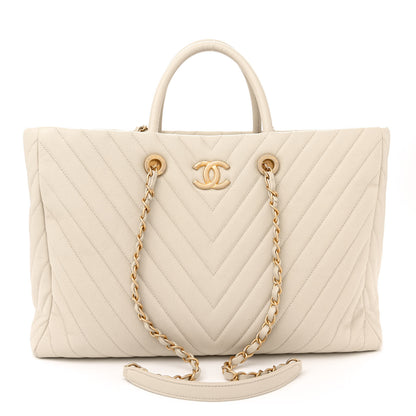 Chanel Caviar Chevron Quilted Coco Handle Shopping Tote Ivory 1 of 13
