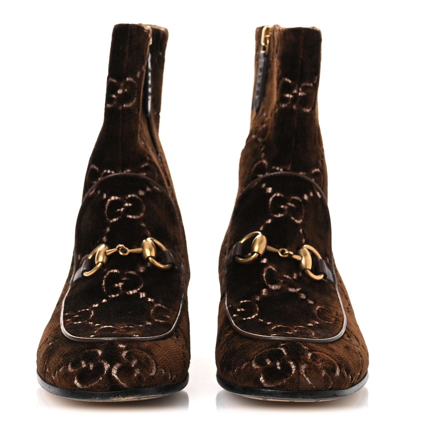 Gucci Velvet GG Monogram Crystal Horsebit Ankle Boots 37 Brown