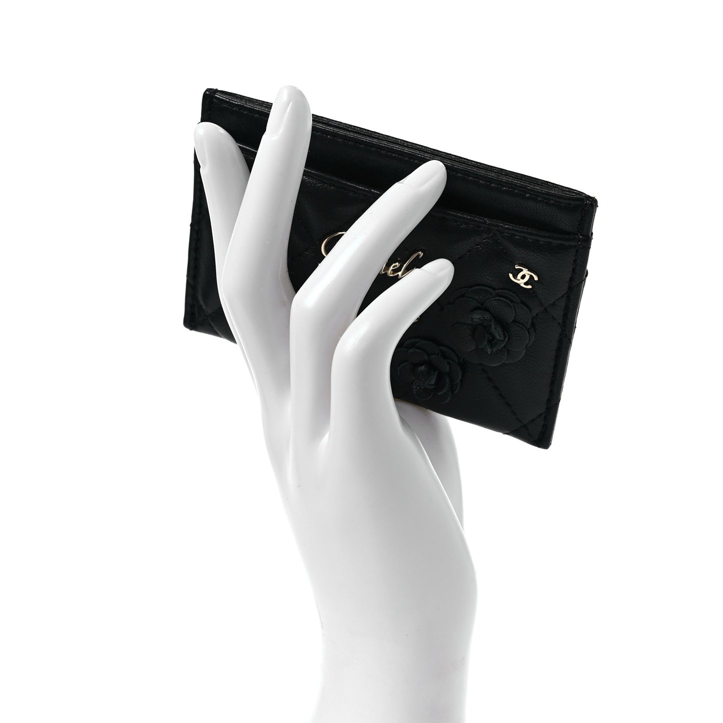 Lambskin Quilted Camellia Card Holder Black