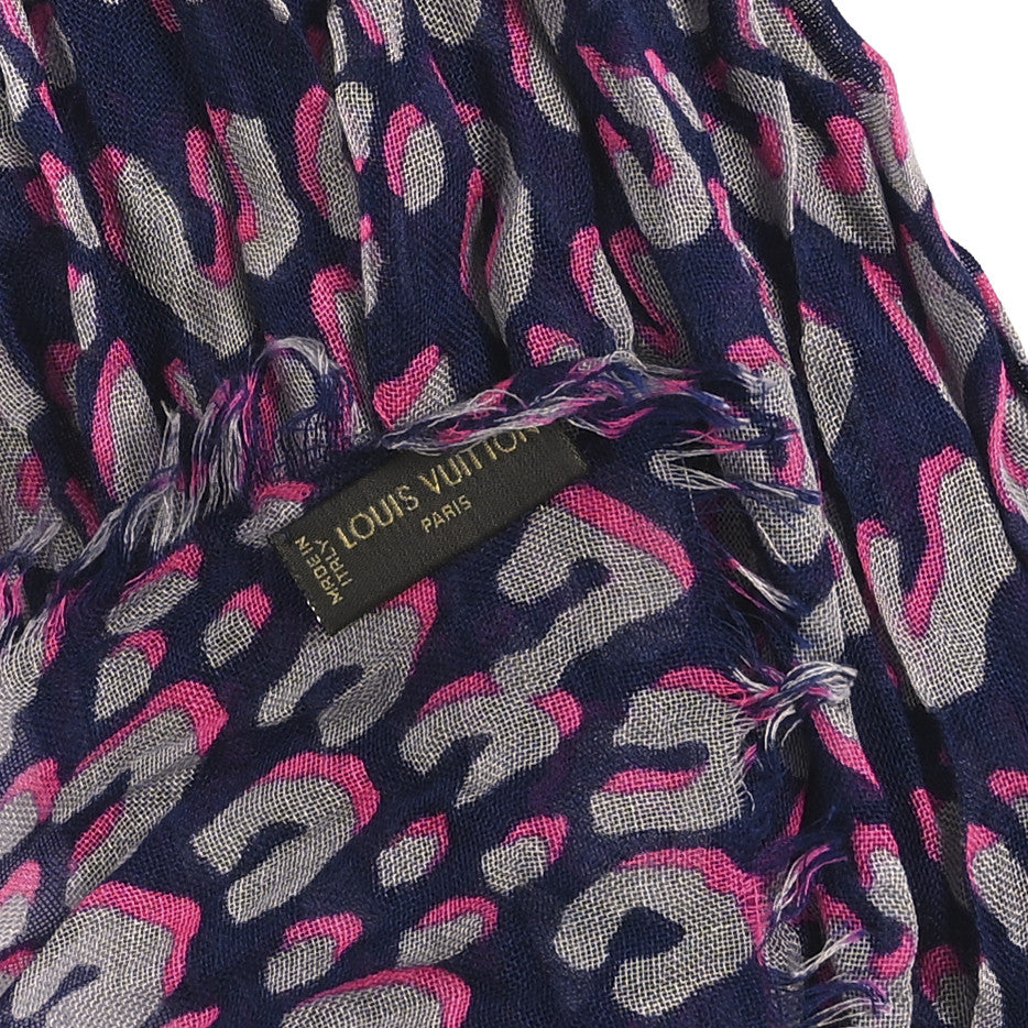 Louis Vuitton Cashmere Silk Sprouse Leopard Shawl Scarf Blue Nuit