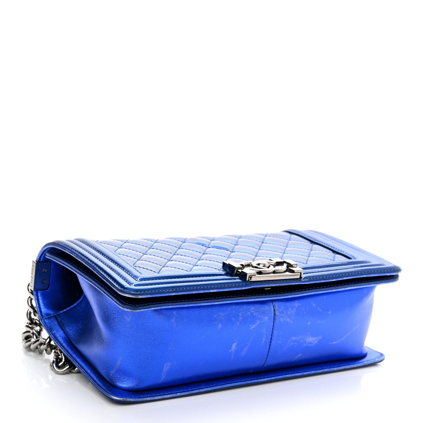Metallic Patent Quilted Medium Boy Flap Blue
