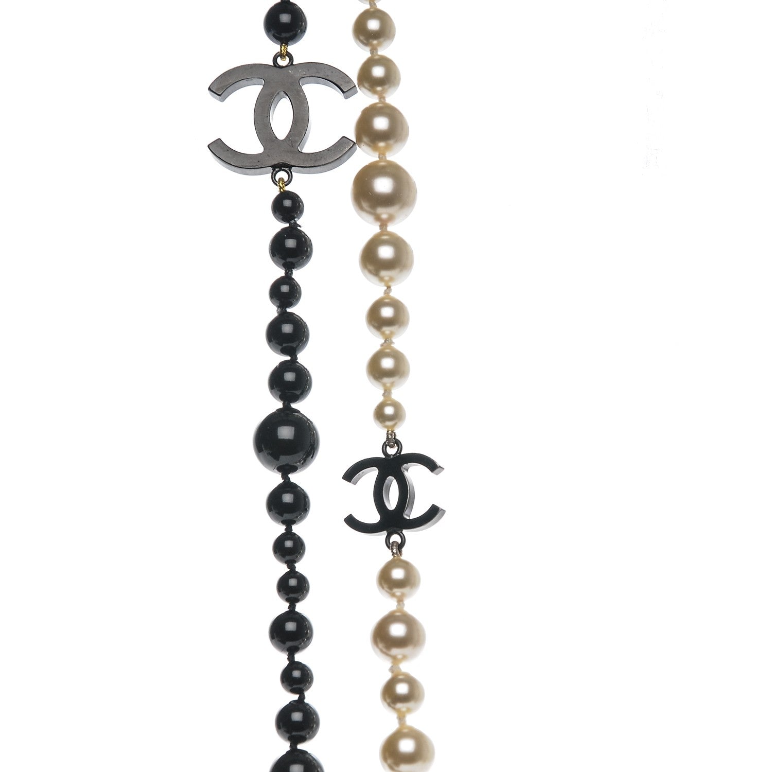 Chanel Pearl Bead CC Long Double Strand Necklace Black White 4 of 6