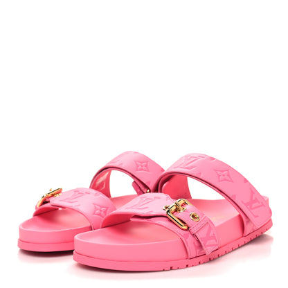 Louis Vuitton Calfskin Monogram Embossed Bom Dia Flat Mule Sandals 39 Pink 3 of 8