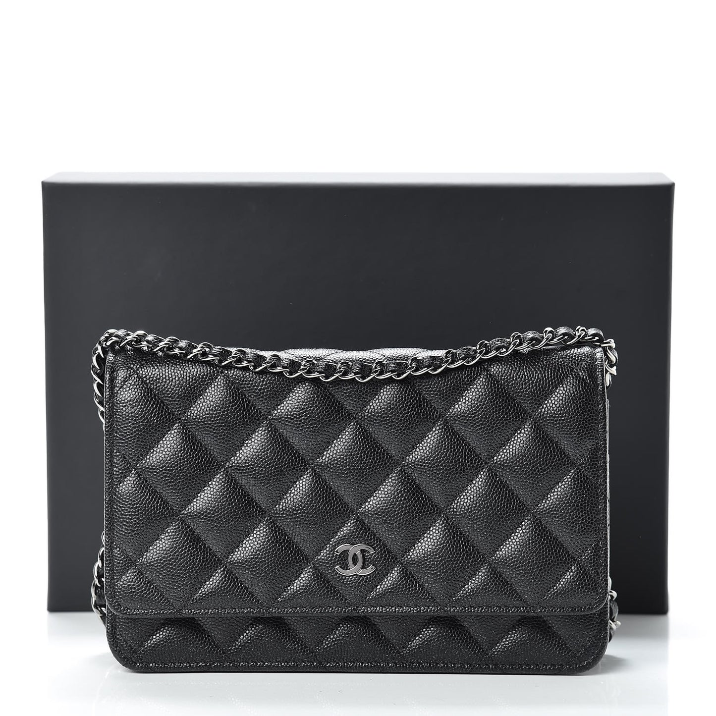 Iridescent Caviar Quilted Wallet On Chain WOC Black