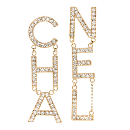 Chanel Crystal Cha-Nel Logo Drop Earrings Gold 1 of 5