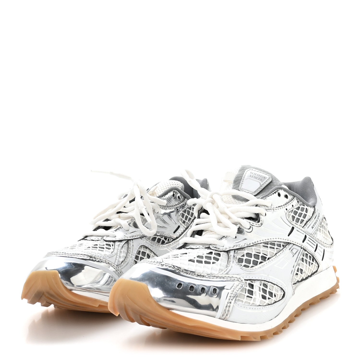 Bottega Veneta Calfskin Fishnet Fabric Orbit Sneakers 40 Silver White 4 of 9