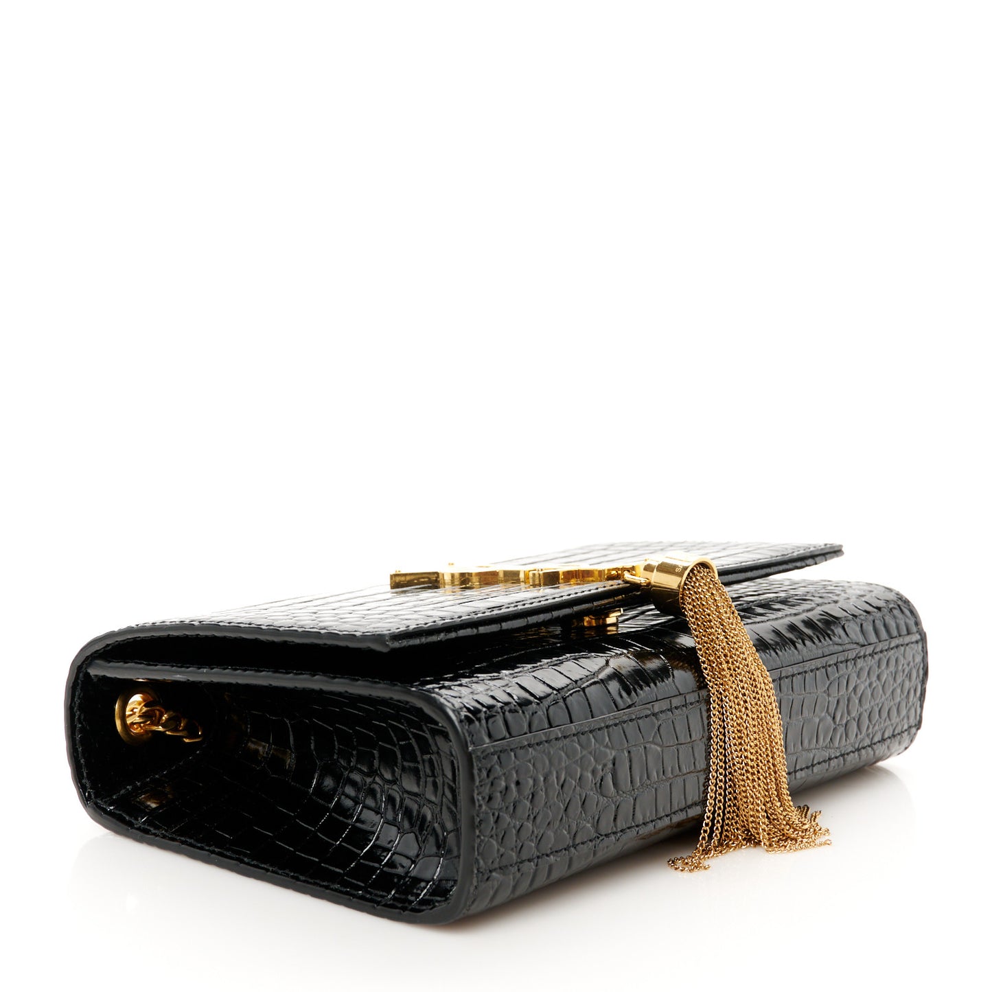 Calfskin Crocodile Embossed Small Classic Monogram Kate Tassel Satchel Black