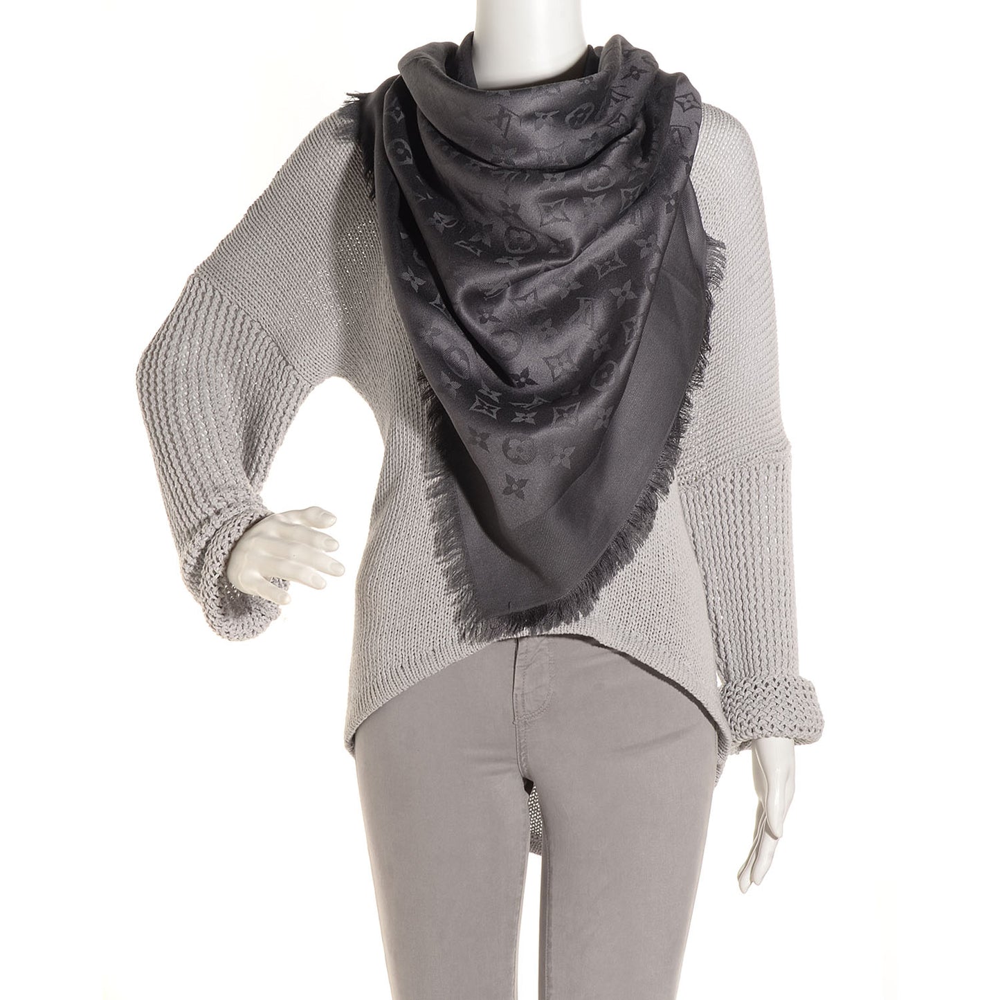 Silk Wool Monogram Shawl Charcoal Grey
