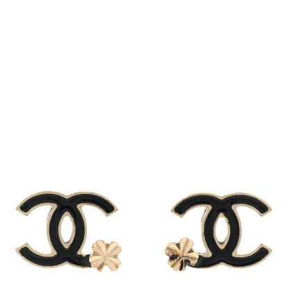 Chanel Enamel CC Clover Earrings Black Gold 1 of 4