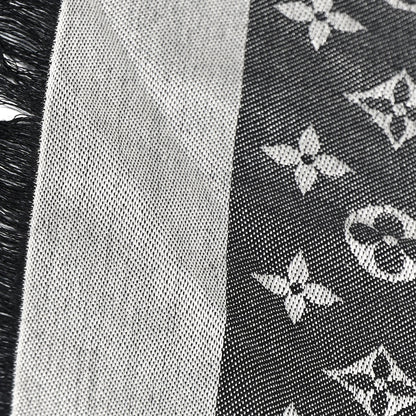 Louis Vuitton LOUIS VUITTON Silk Wool Monogram Denim Shawl Black 4 of 9