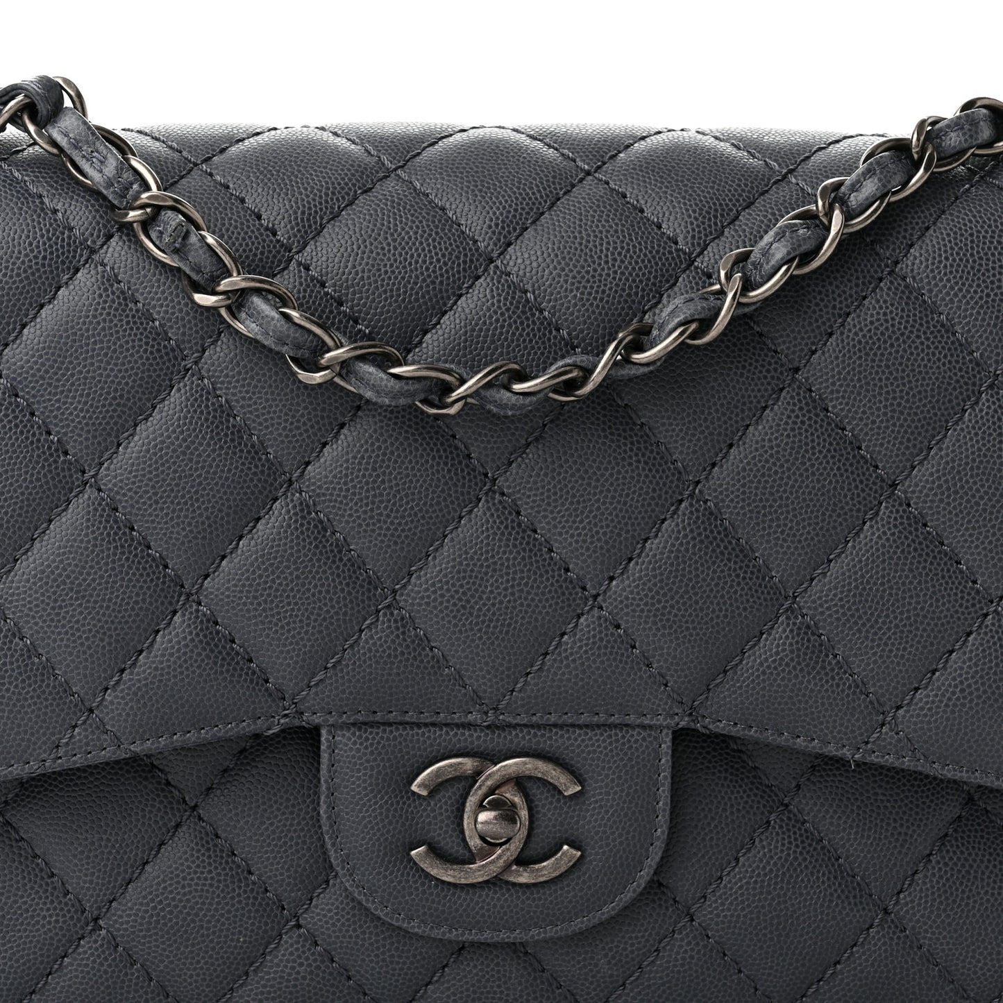 Washed Caviar Quilted Jumbo Double Flap Dark Grey