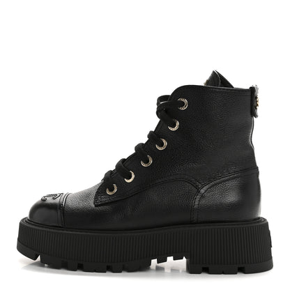 Chanel Grained Calfskin Shiny Calfskin CC Lace Up Combat Boots 36 Black 1 of 9
