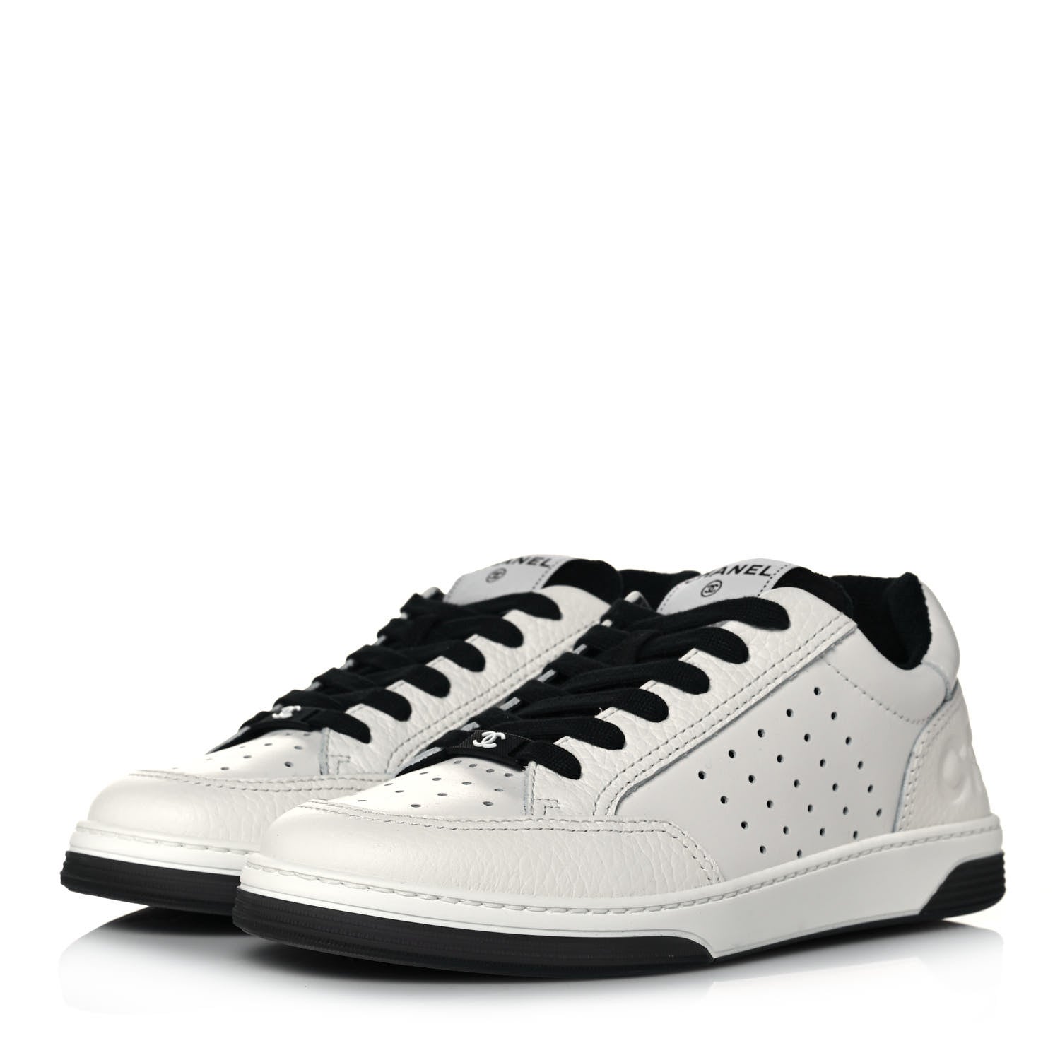 Chanel Grained Calfskin Fabric Womens Logo Sneakers 39 White Black 3 of 9