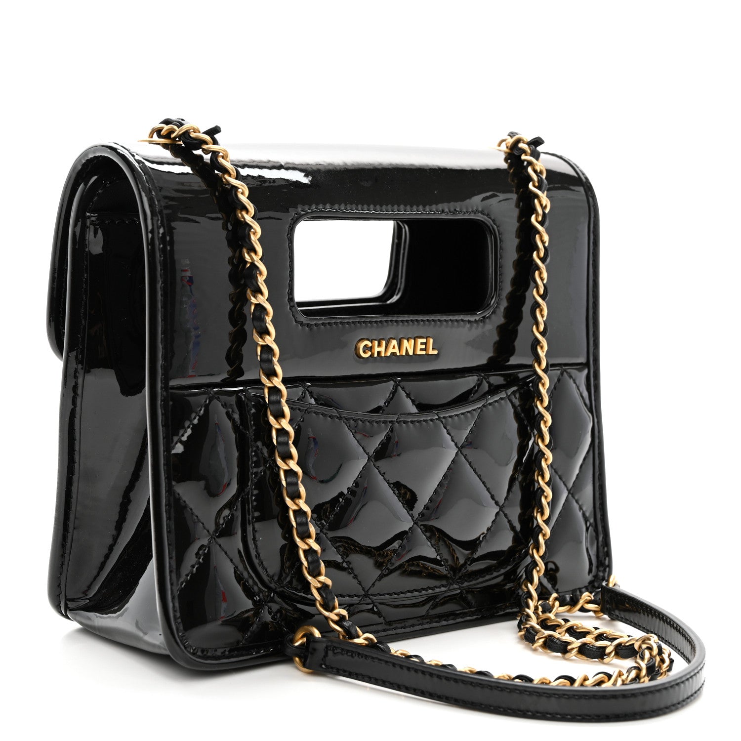Chanel Patent Quilted Mini Graphic Catch Flap Black 3 of 10