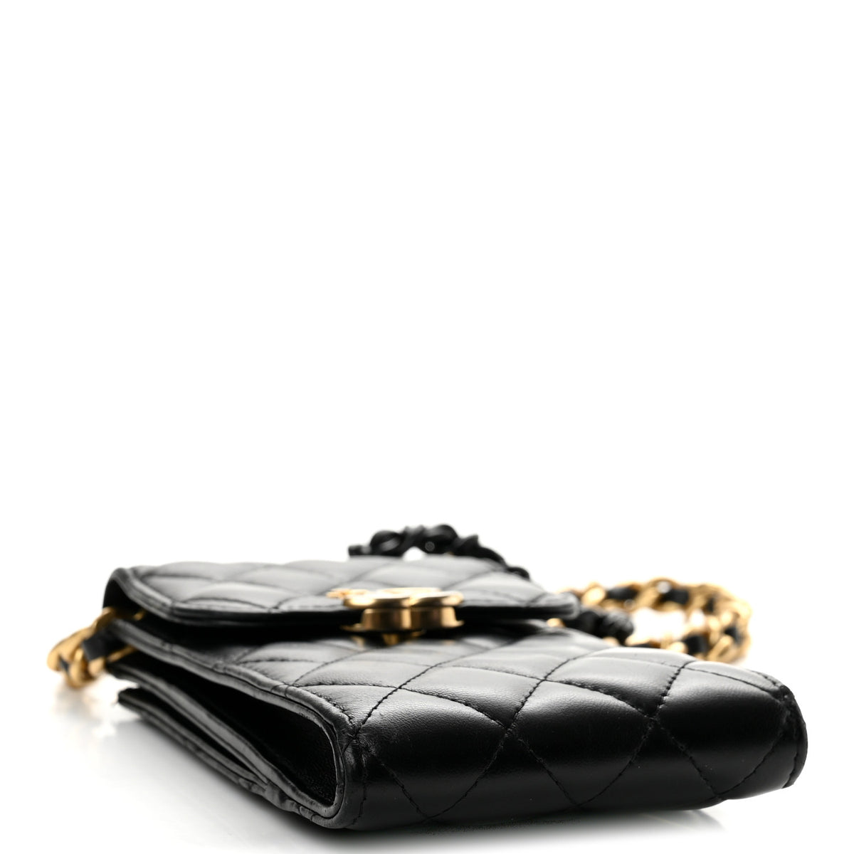 Lambskin Quilted Lacquered Chain Phone Holder With Chain Black