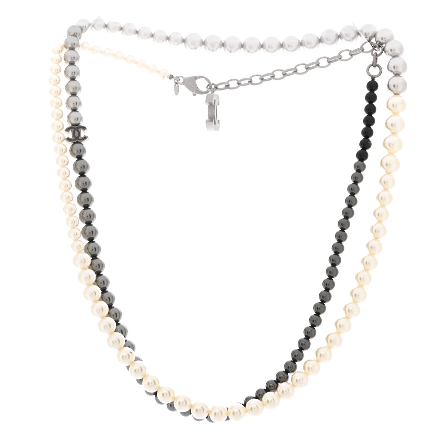 Graduated Pearl CC Long Necklace Ruthenium Grey Black