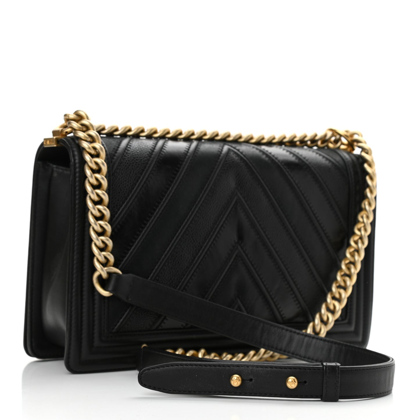 Calfskin Caviar Suede Chevron New Medium Boy Flap Black