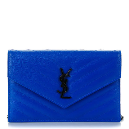 Saint Laurent Grain De Poudre Matelasse Chevron Monogram Envelope Chain Wallet Blue Majorelle 1 of 7