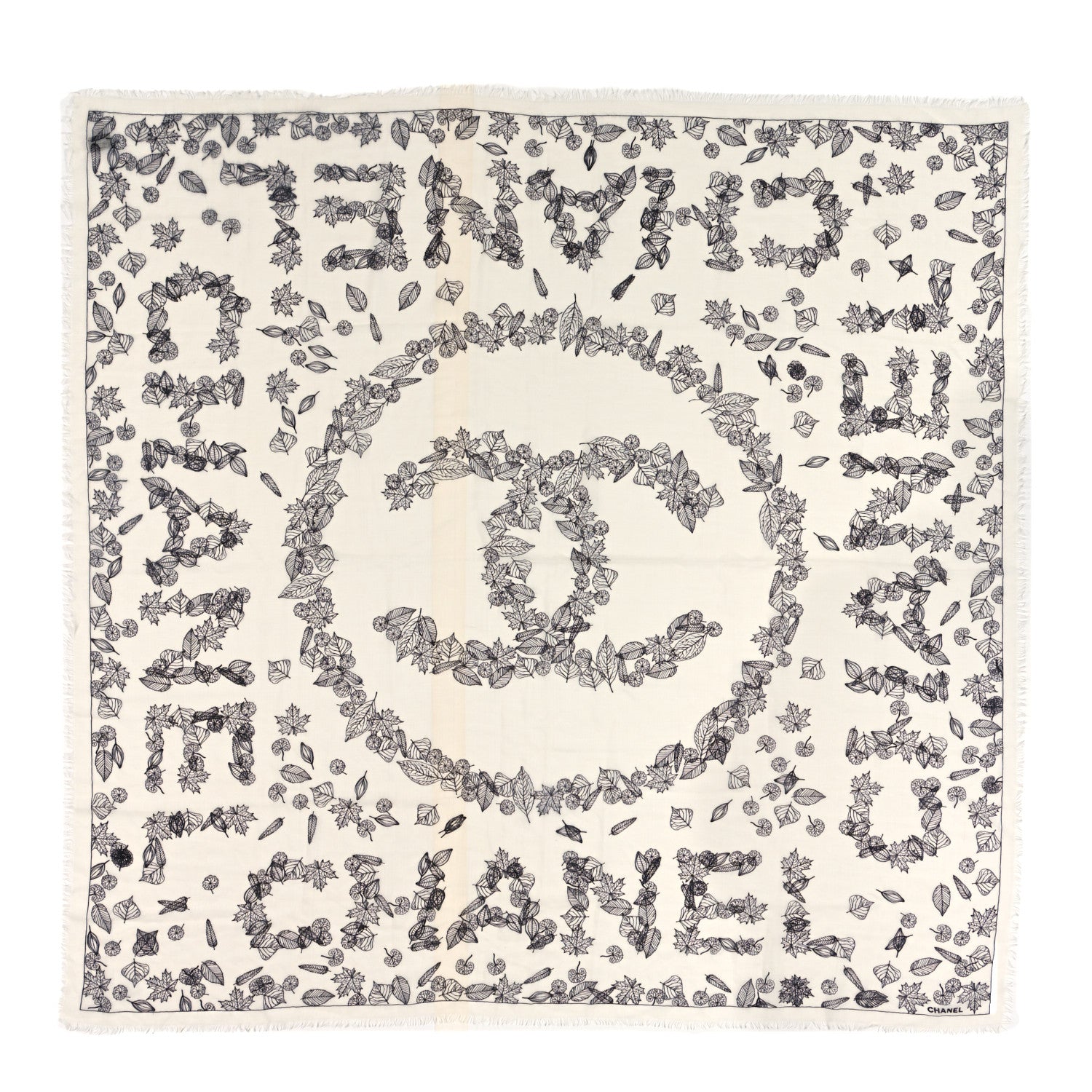 Chanel Cashmere CC Logo Leaves Scarf White Black 1 of 4
