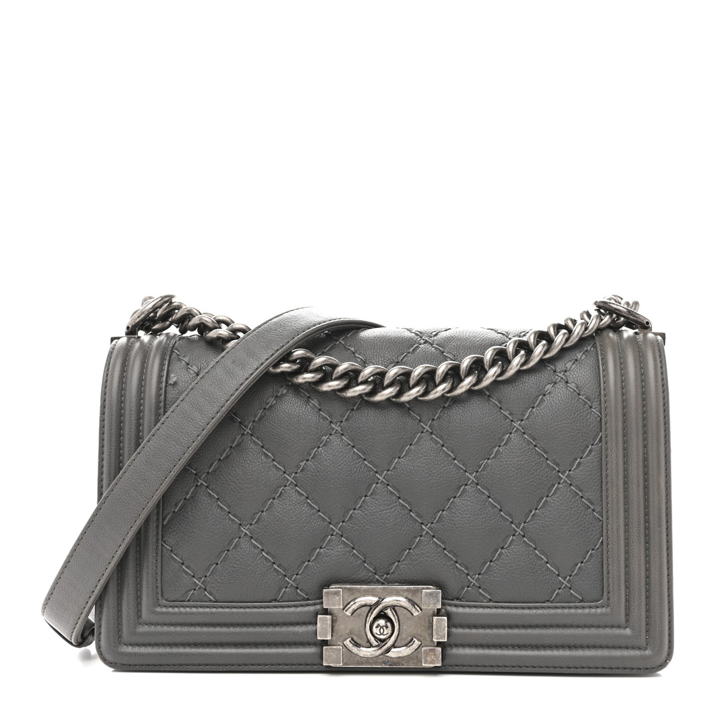 Calfskin Double Stitch Medium Boy Flap Grey