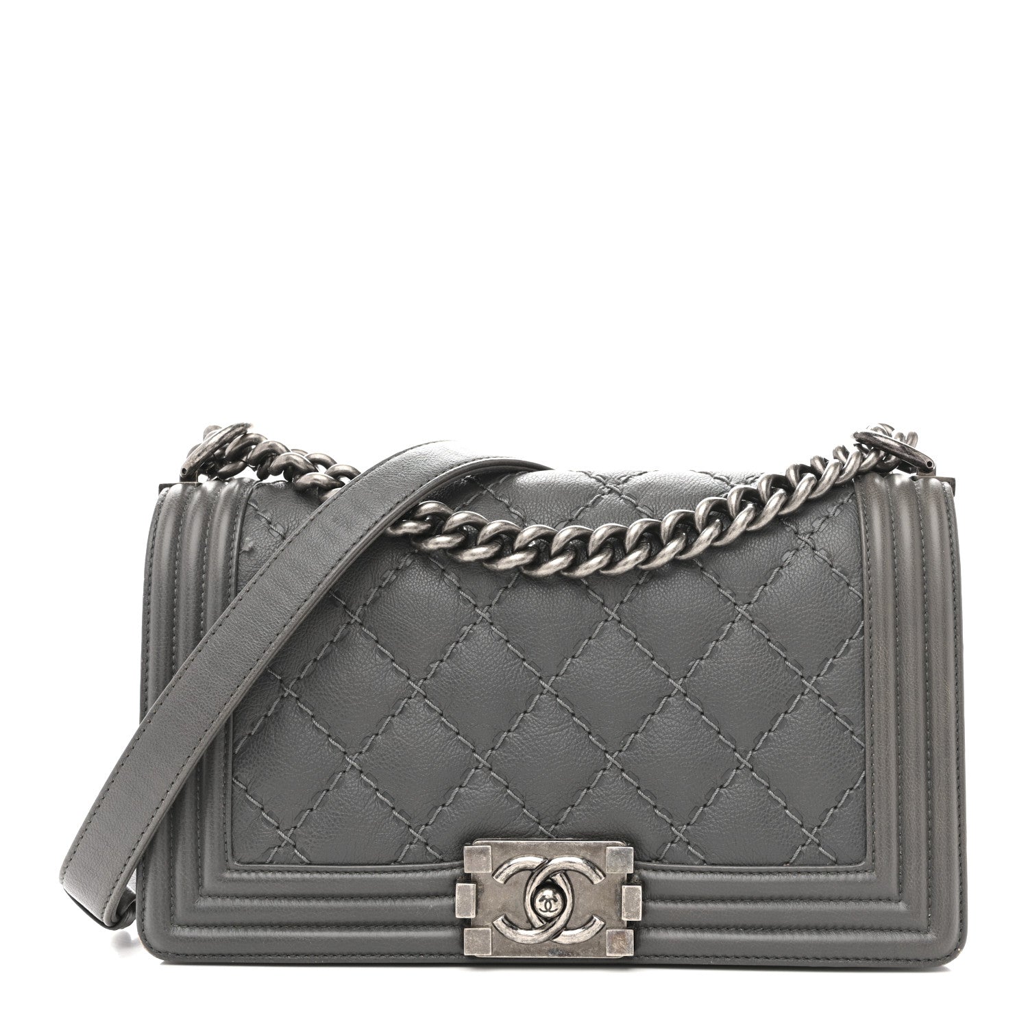 Chanel Calfskin Double Stitch Medium Boy Flap Grey 1 of 16