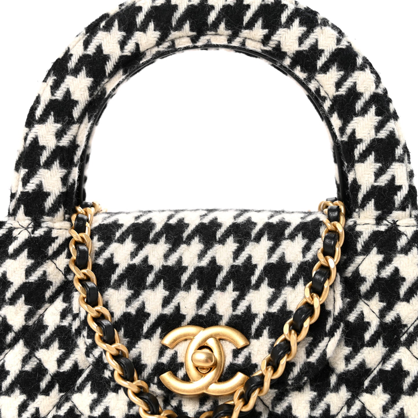 Tweed Houndstooth Quilted Nano Kelly Shopper Black White