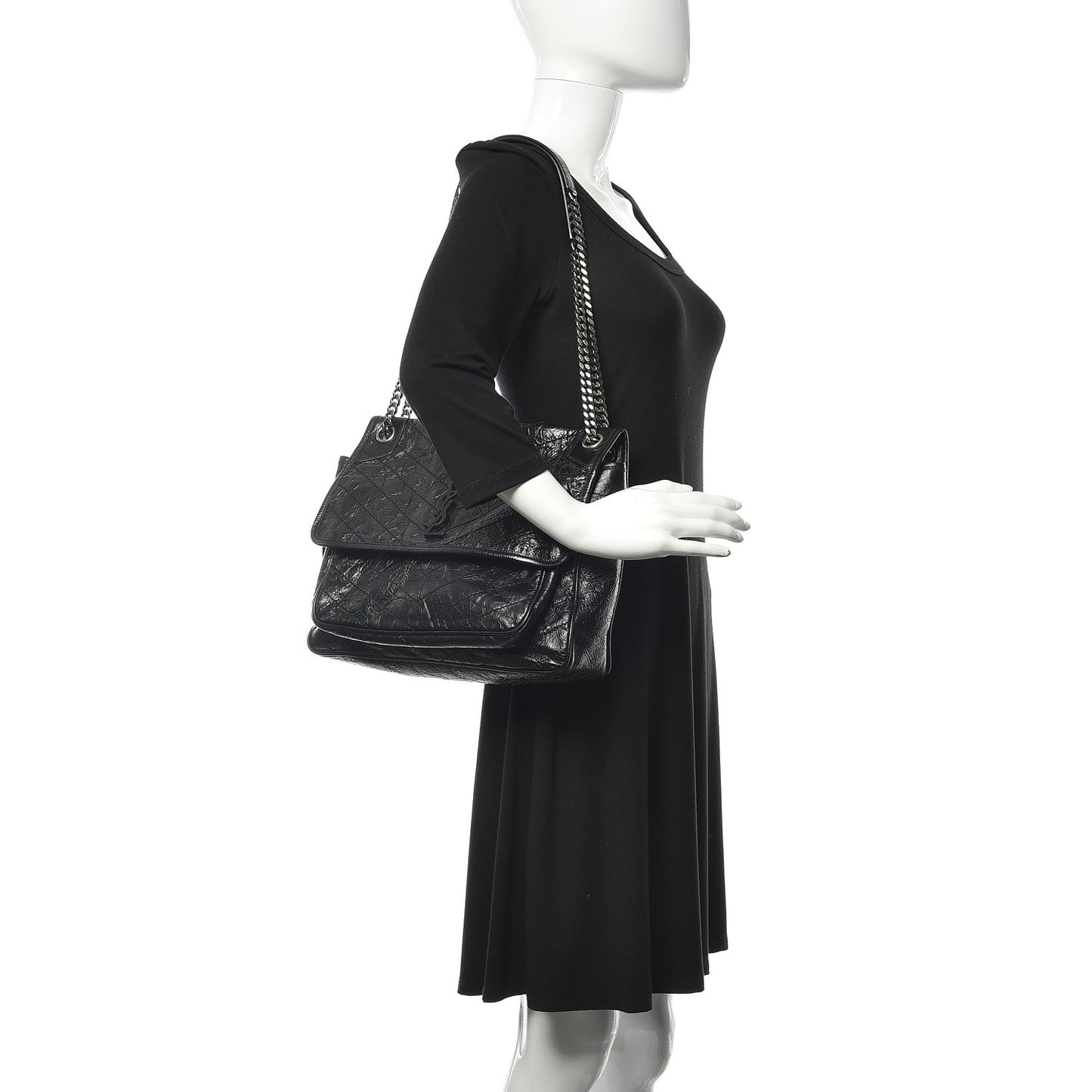 Crinkled Calfskin Matelasse Monogram Large Niki Chain Satchel Black