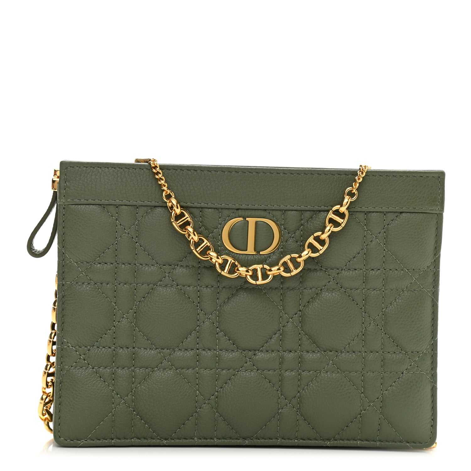 Christian Dior Calfskin Cannage Caro Zipped Pouch With Chain Cedar Green 1 of 10