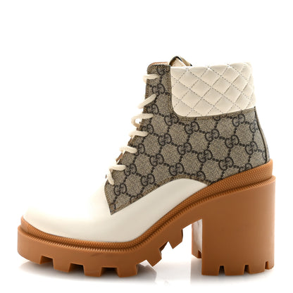 Gucci Apollo Calfskin GG Supreme Nappa Samoa Quilted Lace Up Ankle Boots 40 Mystic White Beige Ebony 1 of 20