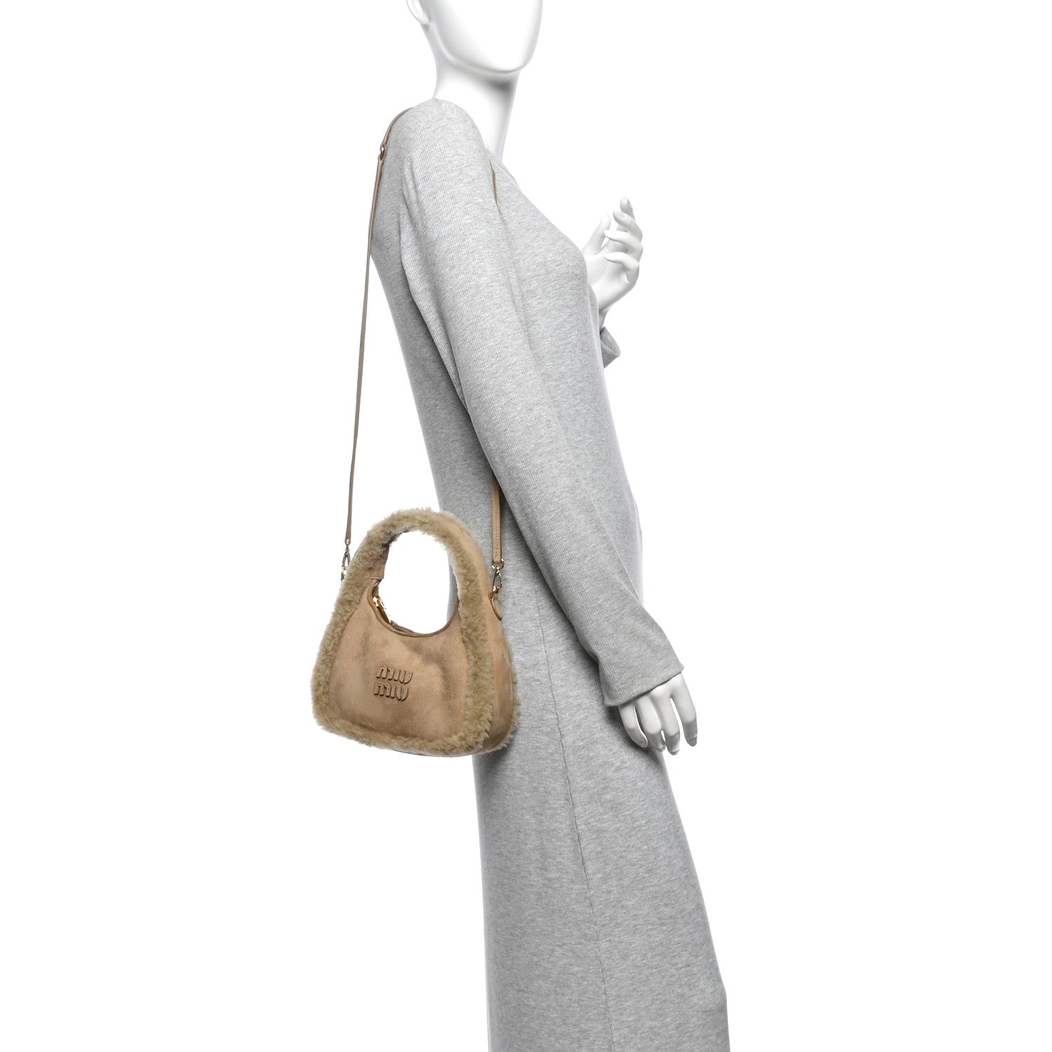 Miu Miu Suede Shearling Mini Wander Hobo Sabbia 2 of 9