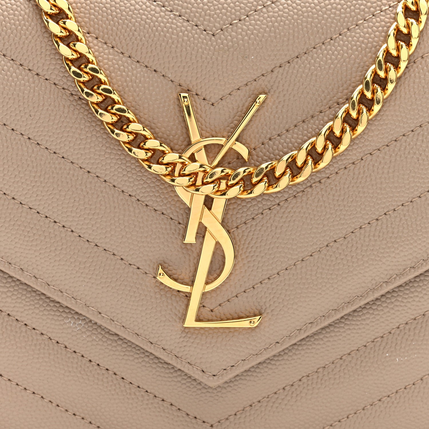 Saint Laurent Grain De Poudre Matelasse Chevron Monogram Chain Wallet Dark Beige 7 of 10