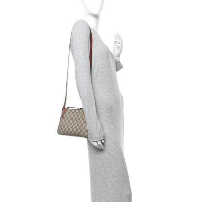 Gucci GG Supreme Monogram Textured Calfskin Small Emblem Shoulder Bag Beige Dark Brown 2 of 11
