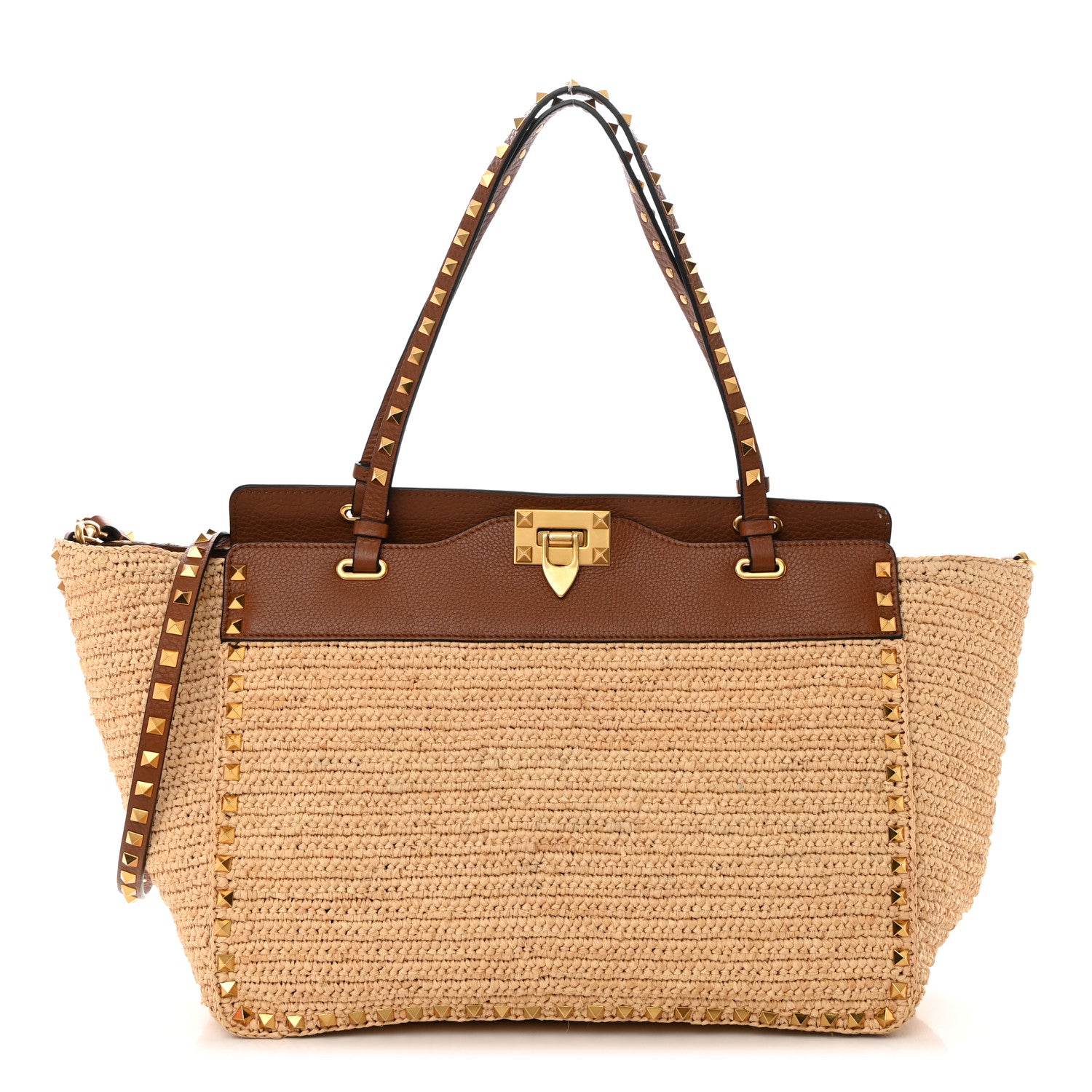 Valentino Garavani Raffia Calfskin Rockstud Tote Naturale Saddle Brown 1 of 12