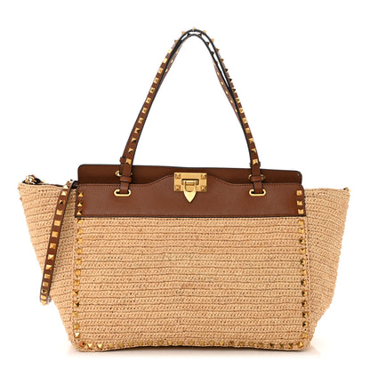 Valentino Garavani Raffia Calfskin Rockstud Tote Naturale Saddle Brown 1 of 12