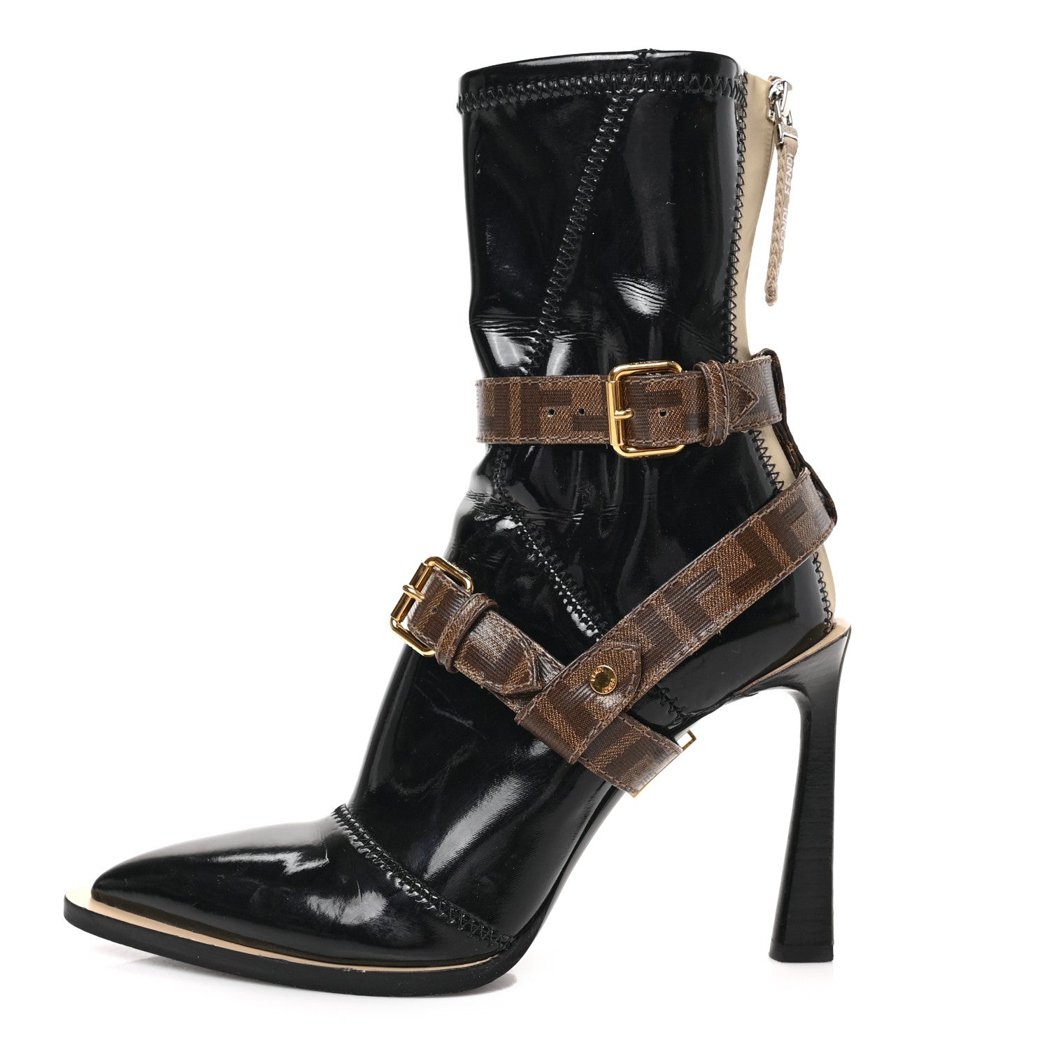 Fendi Glossy Neoprene Glazed Fabric FF FFrame Short Boots 38 Black Tobacco Moro 1 of 7
