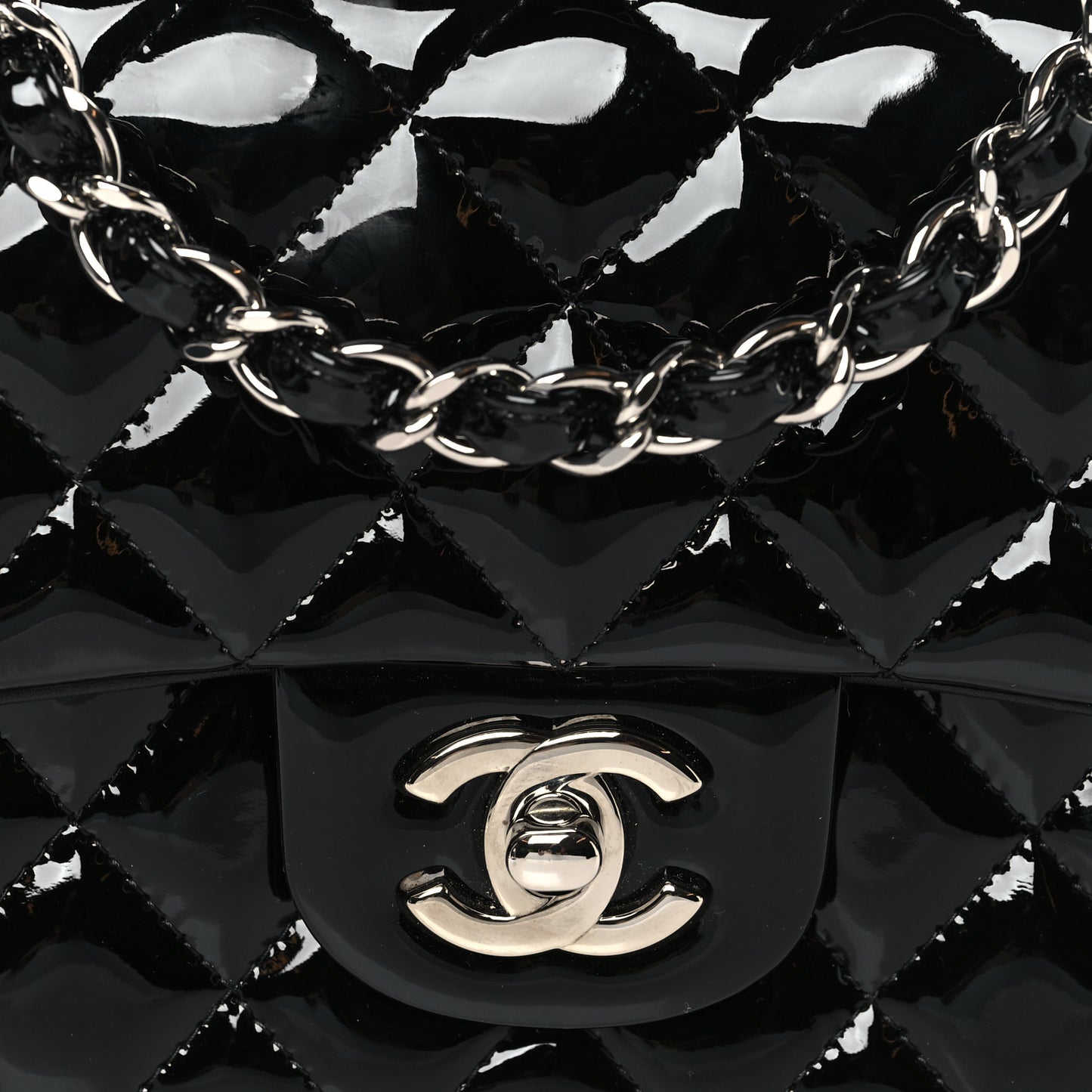 Patent Calfskin Quilted Mini Rectangular Flap Black