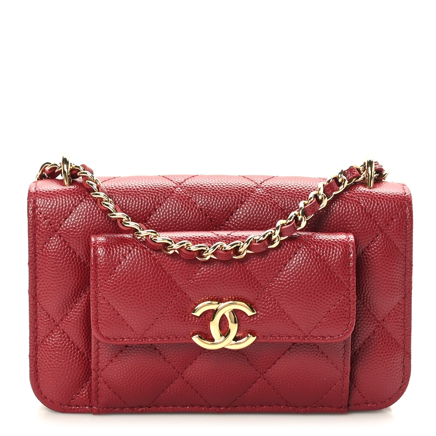 Caviar Quilted Pocket Twins Clutch With Chain Burgundy