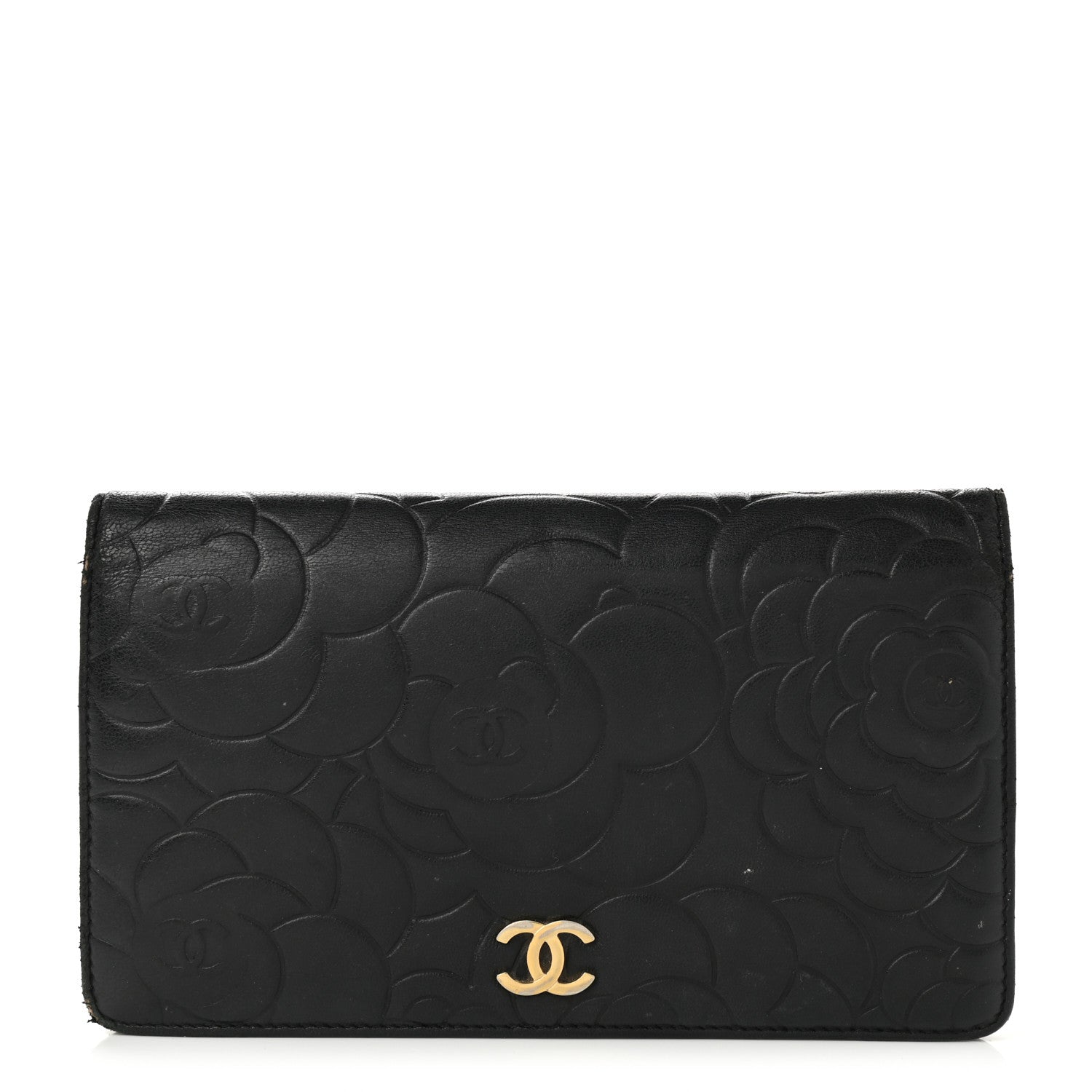 Chanel Lambskin Camellia Embossed Yen Wallet Black Beige 1 of 12