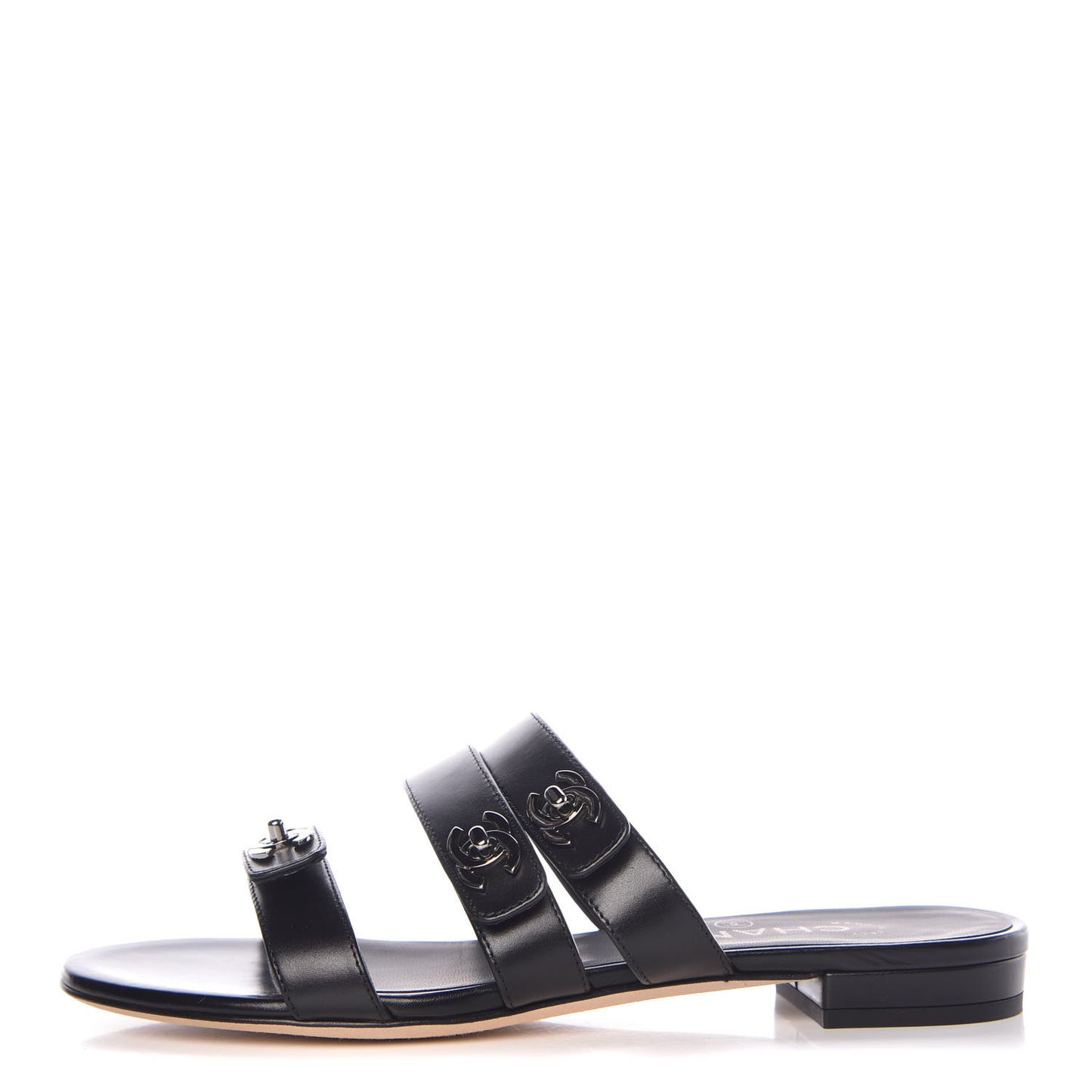 Calfskin CC Turnlock Mule Sandals 36 Black