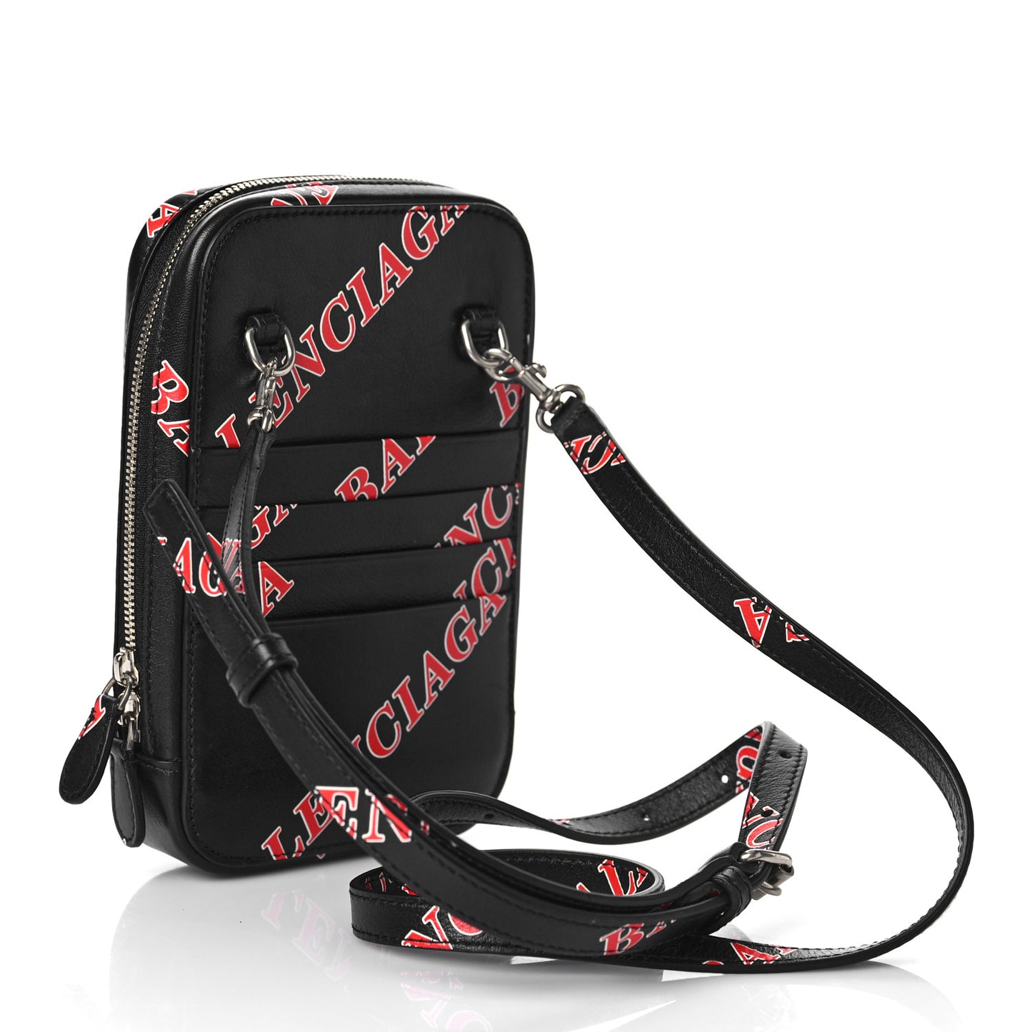 Calfskin Logo Print Cash Phone Holder Bag Black Red