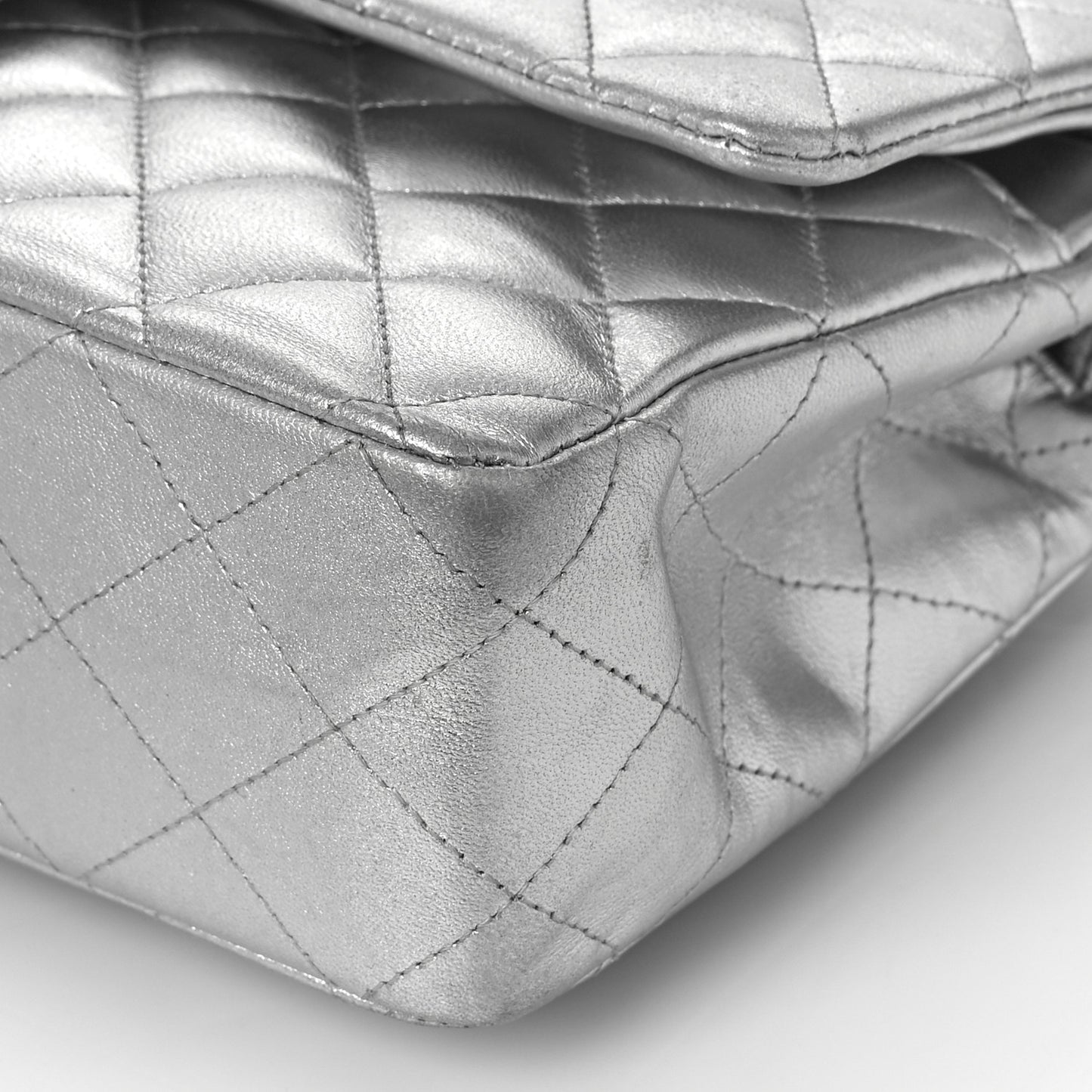 Metallic Lambskin Quilted Medium Double Flap Silver