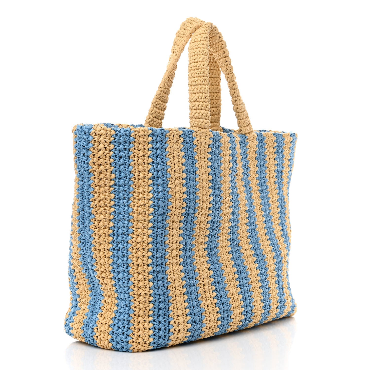 Prada Yarn Raffia Effect Crochet Striped Large Logo Tote Naturale Celeste 3 of 10